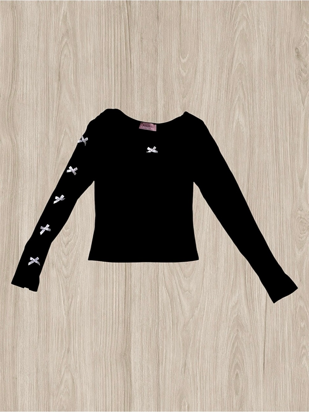 Women’s Black Ragdoll Pink Ribbed Bow Long Sleeve Top Coquette Blouse